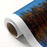 Art deco poster of Adirondacks landscape in muted greens and blues on rolled canvas, ideal for nursery wall art.