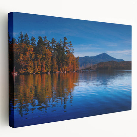 Large art depicting the Adirondack scenery in muted green and blue tones on stretched canvas, suitable for kitchen wall art.