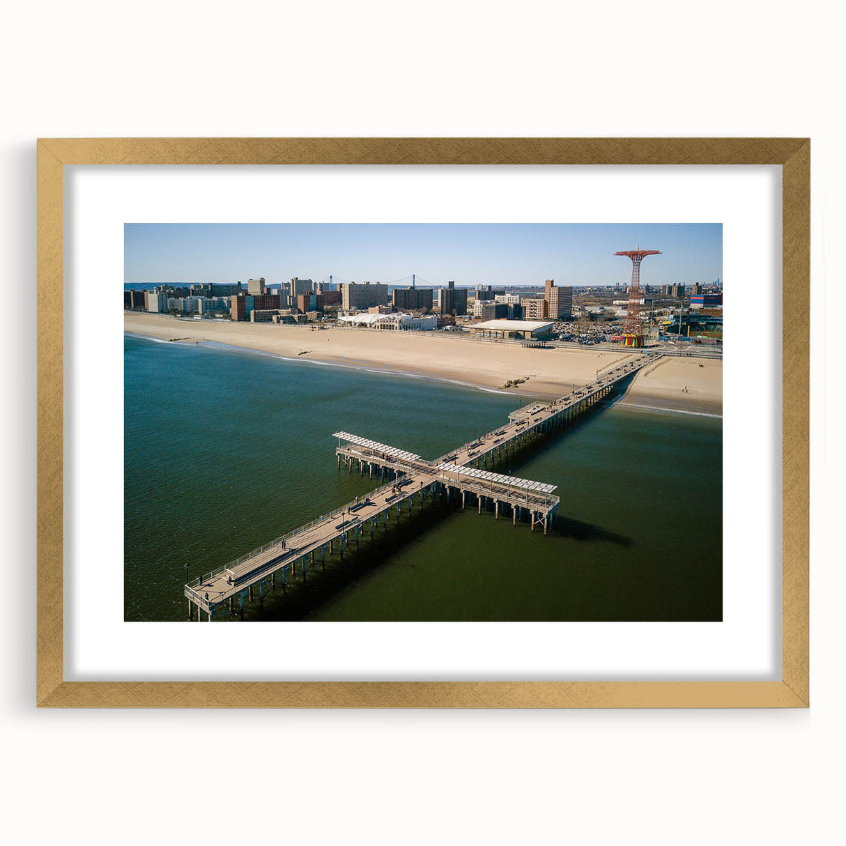 Extra large wall art featuring an abstract print of Coney Island, with textured details in a gold frame.