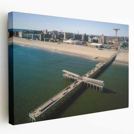 Side view of a stretched canvas depicting Coney Island scenery in muted earth tones, suitable for kitchen wall art.