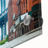 Large abstract wall art of Long Island scenery in muted blue and green tones on acrylic glass, ideal for dining room decor.