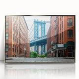 Mid-century modernist art of Long Island, NY, in muted blue tones on a framed acrylic, suitable for nursery wall decor.