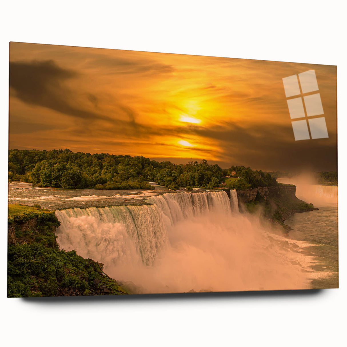 Large abstract depiction of Niagara Falls in muted blue and green tones on acrylic glass.