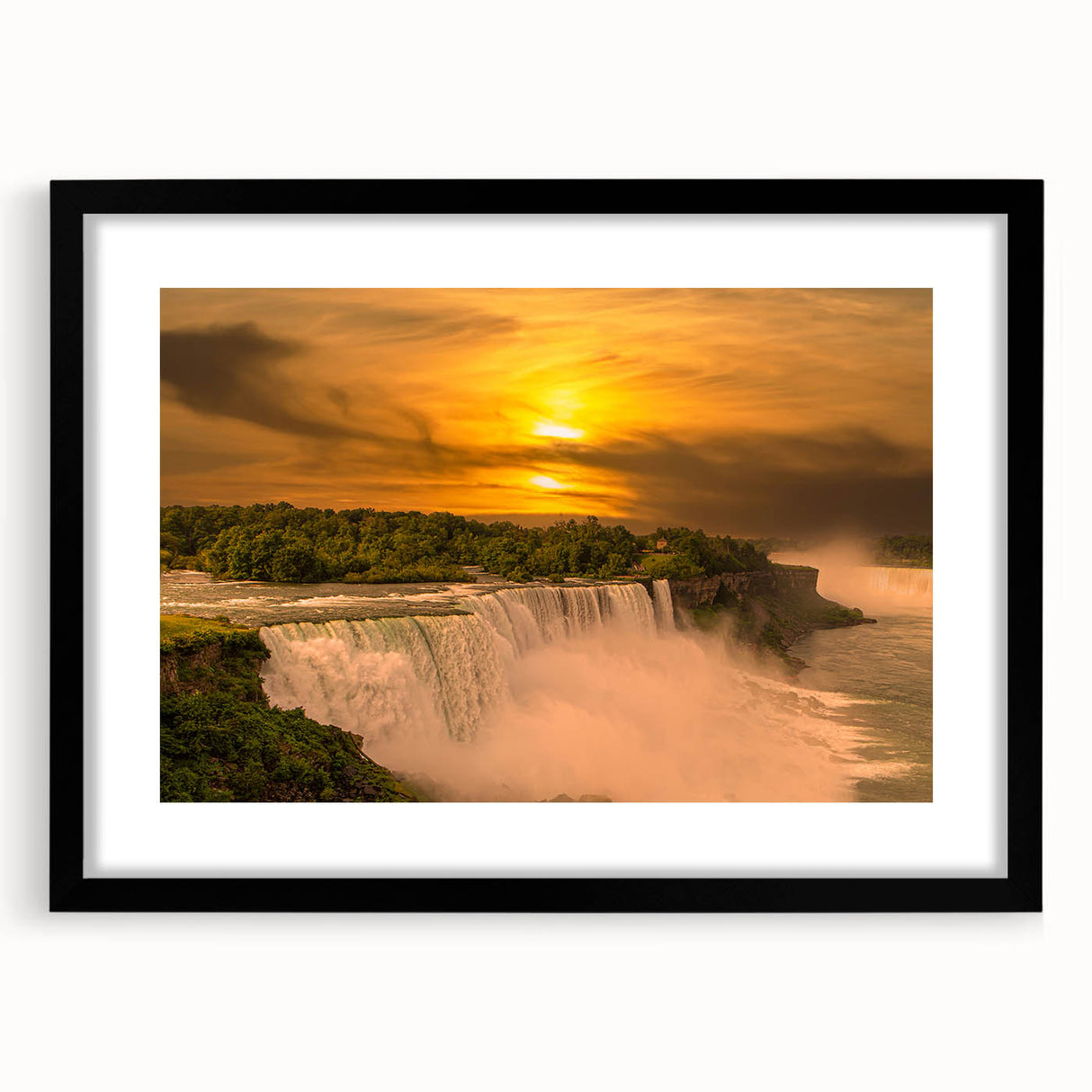 Extra large abstract art print of Niagara Falls in vibrant colors on a textured canvas, framed in black.