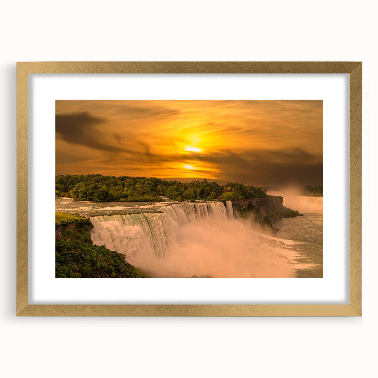 Extra large wall art of abstract Niagara Falls in textured blue and white hues, framed in gold, ideal for living room decor.