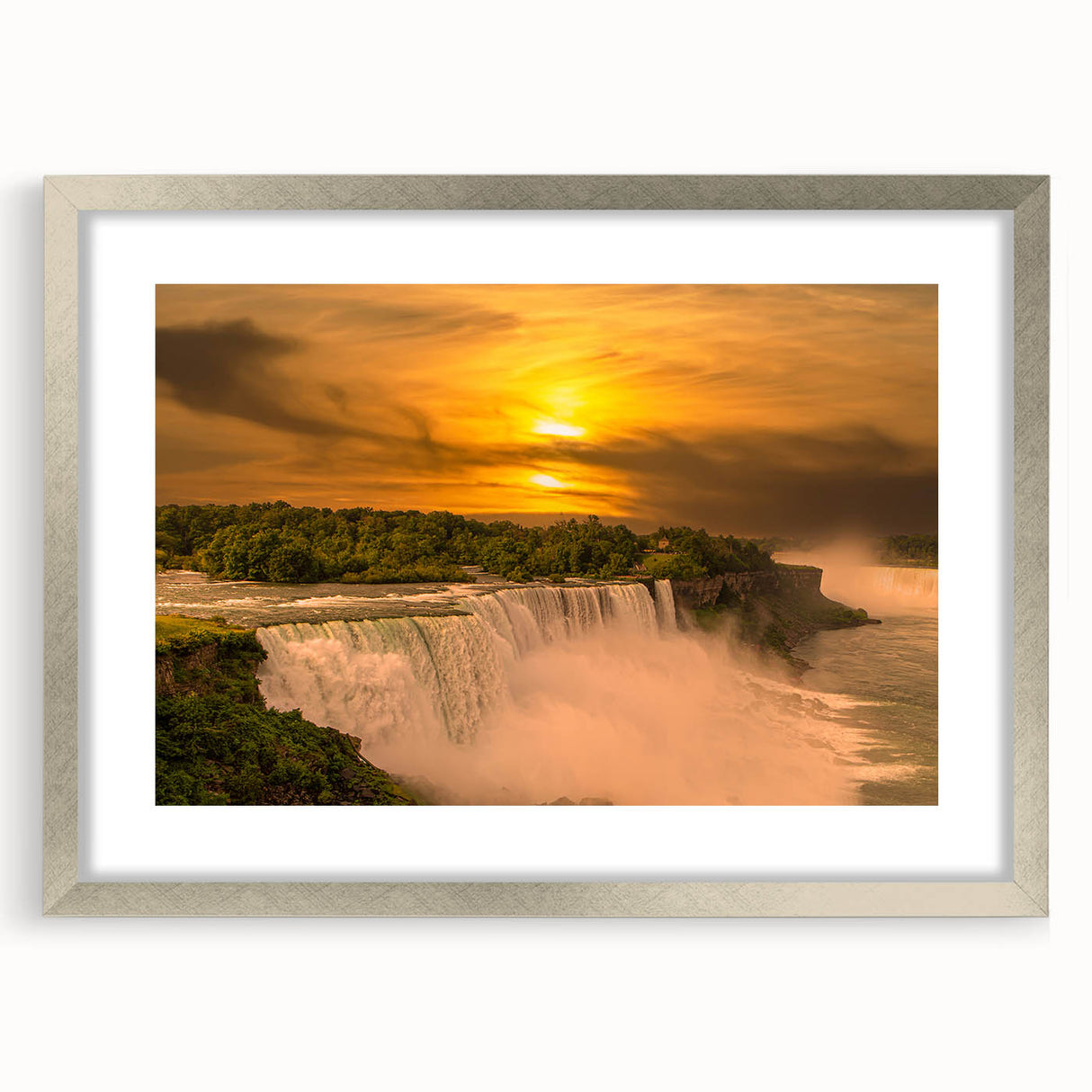 Textured art print of Niagara Falls in abstract style, featuring muted blue and gray tones on a silver framed canvas.
