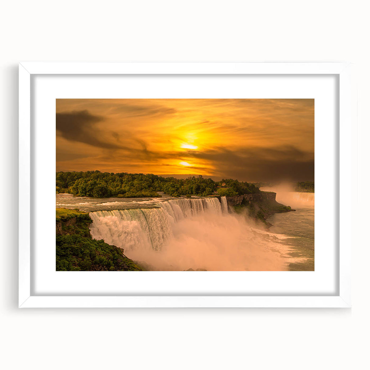 Abstract art print of Niagara Falls in muted blue and gray tones, framed with a white mat.