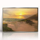 Mid-century modernist art depicting Niagara Falls in muted blue and gray tones on a framed acrylic print.