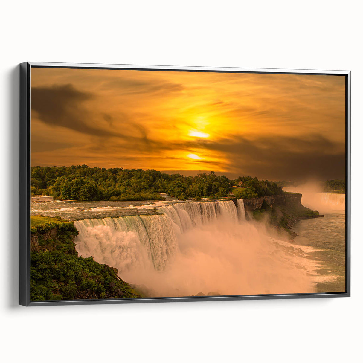 Black and white framed canvas of Niagara Falls landscape, ideal for bedroom wall decor.