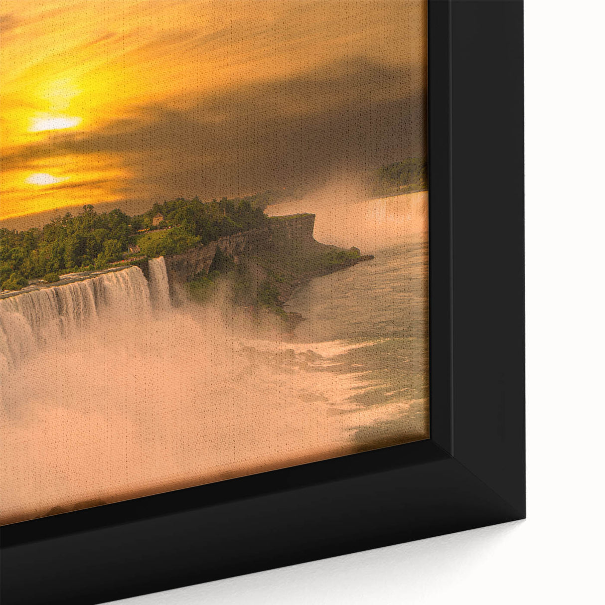 Extra large framed canvas featuring a textured depiction of Niagara Falls in black with colorful accents.