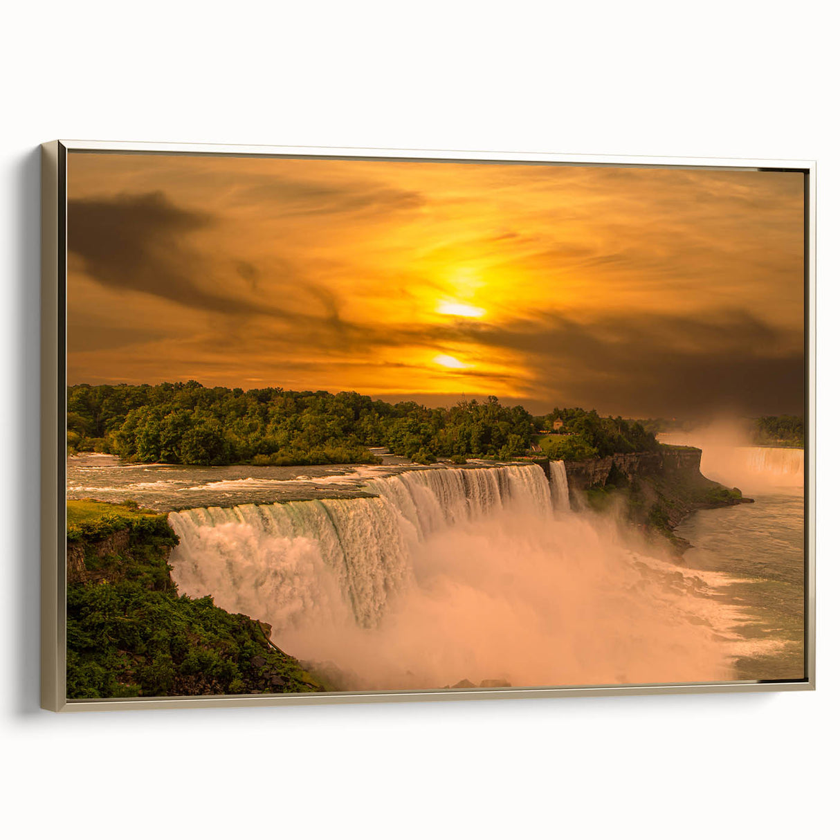 Framed canvas featuring a monochrome vintage poster art of Niagara Falls, ideal for bedroom wall decor.