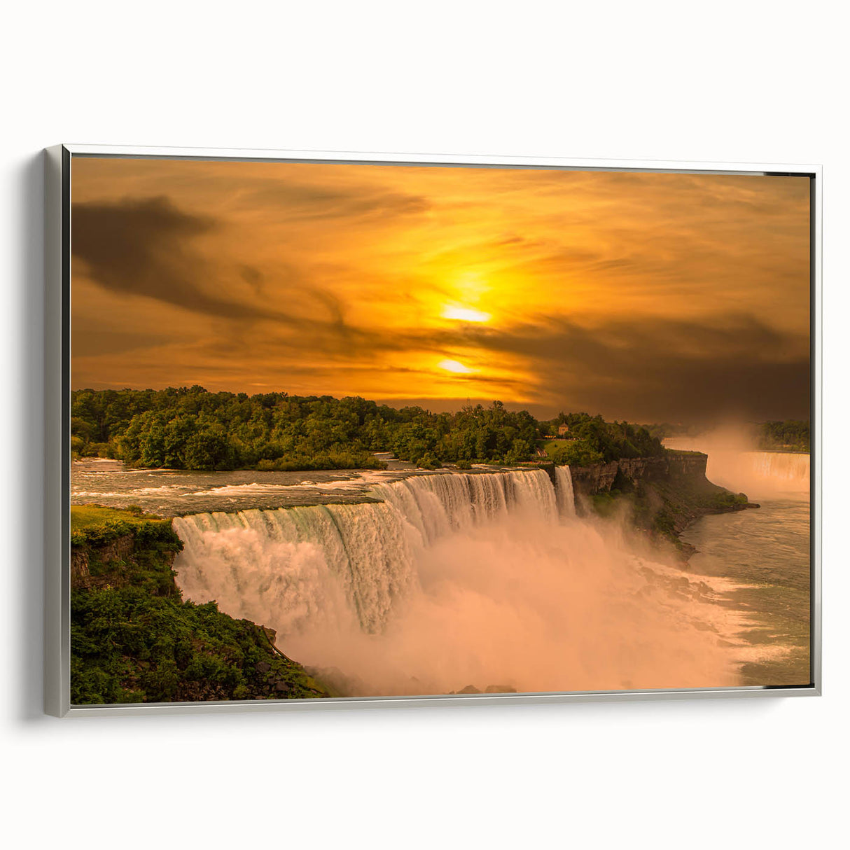 Framed canvas depicting a vintage-style landscape art painting of Niagara Falls.