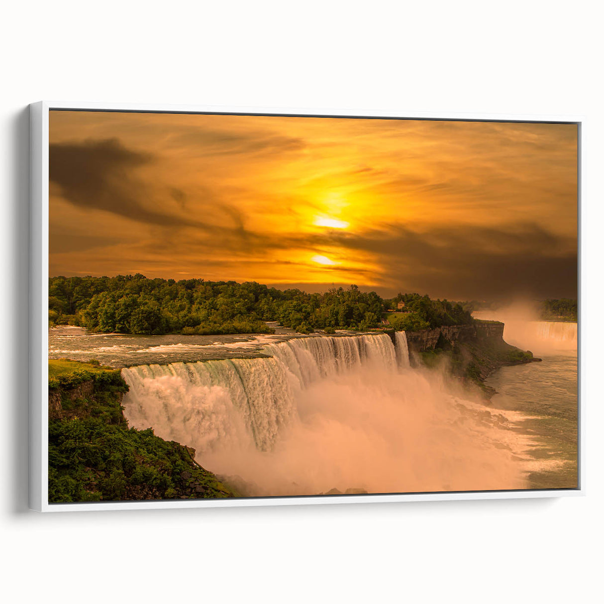 Vintage poster art of Niagara Falls in vibrant colors on a framed canvas, ideal for living room decor.