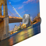 Acrylic print of the Brooklyn Bridge in muted gray and blue tones.