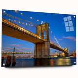 Acrylic print of the Brooklyn Bridge in muted gray and blue tones, suitable for bedroom or dining room decor.