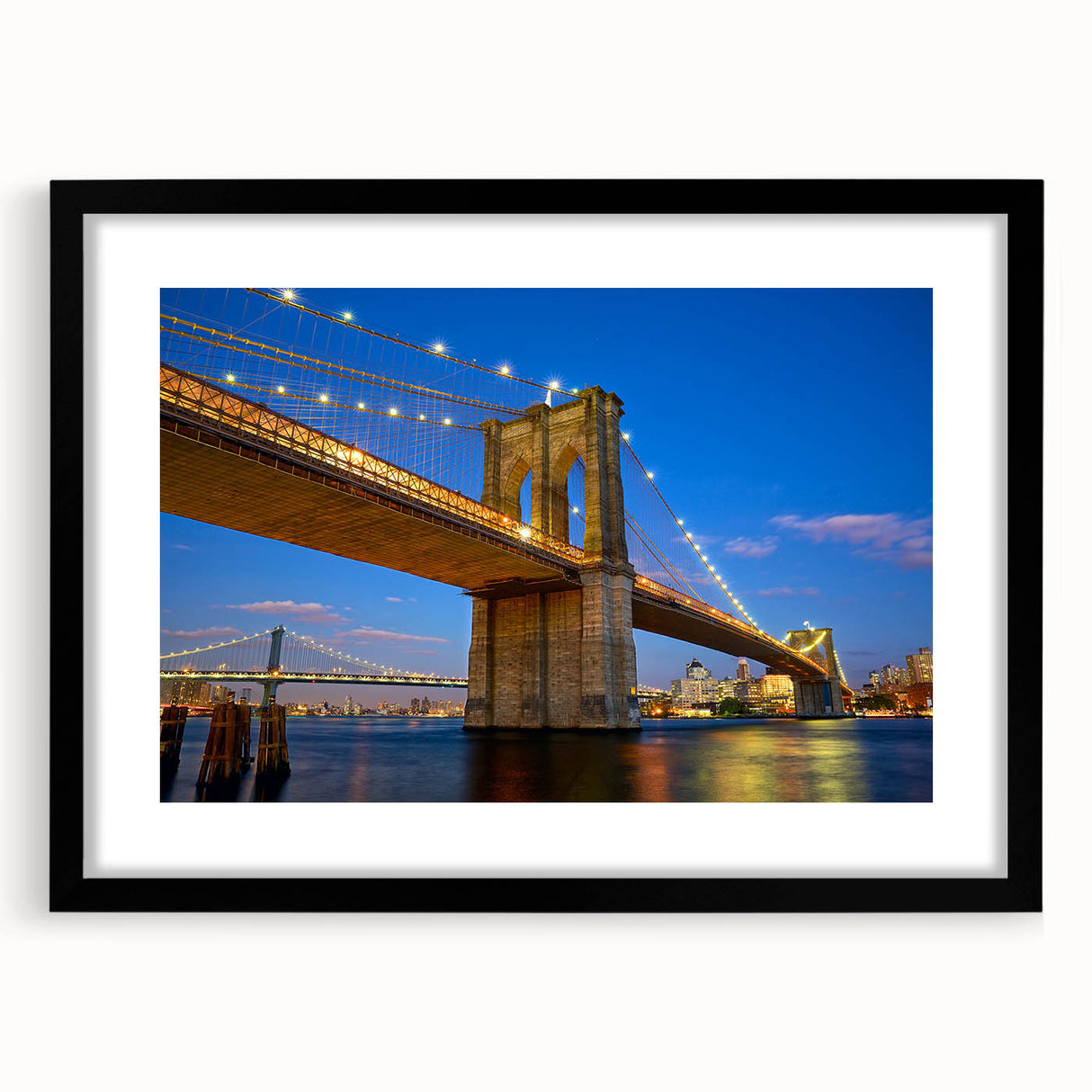 Colorful abstract art print of the Brooklyn Bridge in vibrant hues on a large framed canvas, ideal for living room decor.