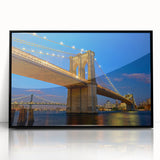 Large abstract wall art of the Brooklyn Bridge in black and white on framed acrylic, ideal for modern living room decor.