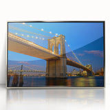 Mid-century modernist art of Brooklyn Bridge in muted grayscale, acrylic print framed in silver, suitable for modern decor.