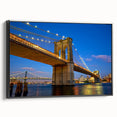 Black and white wall art of Brooklyn Bridge, framed canvas, showcasing a vintage poster style, ideal for bedroom decor.