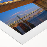 Art deco poster of the Brooklyn Bridge in monochrome tones on rolled canvas, suitable for dining room decor.