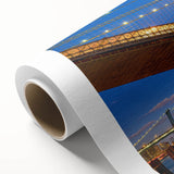 Art Deco poster of Brooklyn Bridge in gray and blue tones on rolled canvas, ideal for nursery wall art.