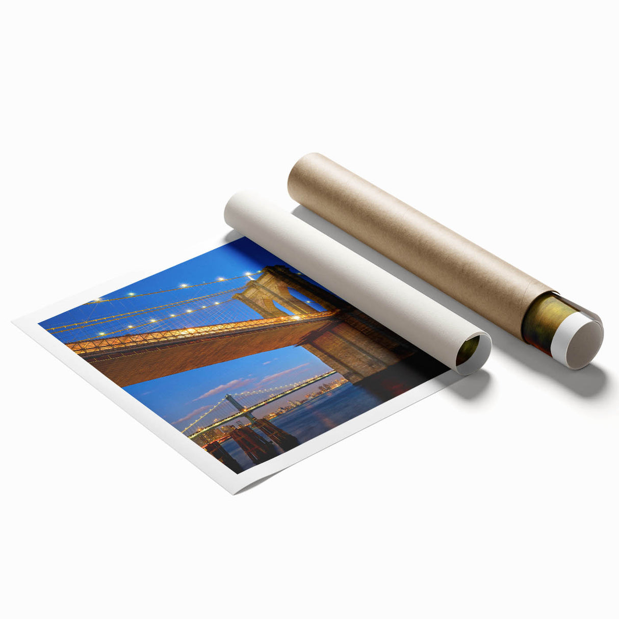 Extra large rolled print of the Brooklyn Bridge in muted gray tones, ideal for classy bathroom wall art.