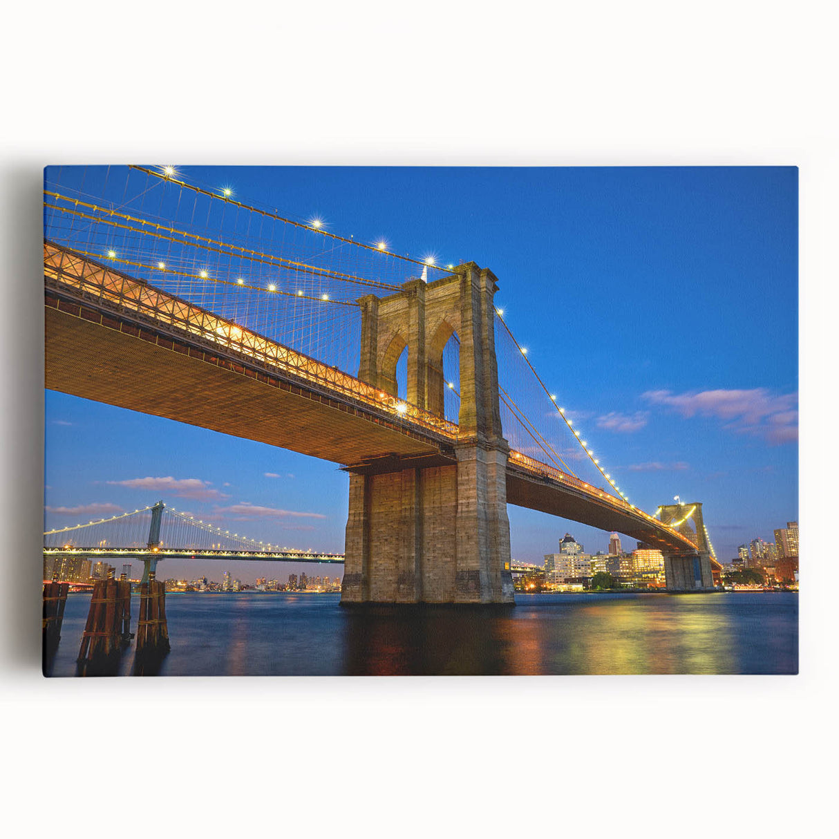 Black and white photograph of the Brooklyn Bridge on stretched canvas, ideal for kitchen art.