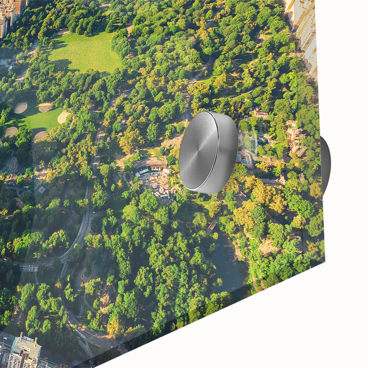 Large abstract depiction of Central Park in muted green and brown tones on acrylic glass, suitable for dining room art.