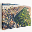 Central Park landscape on a large stretched canvas with green and brown tones, suitable for kitchen wall art.