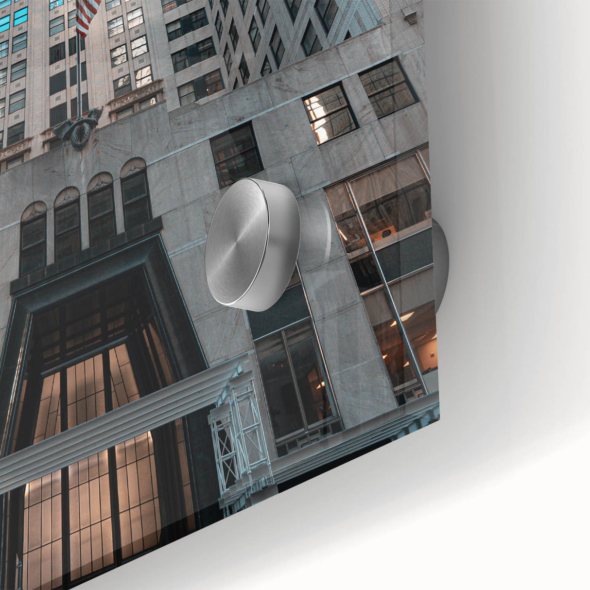 Acrylic print of the Chrysler Building in muted gray tones, ideal for dining room art in a mid-century modernist style.