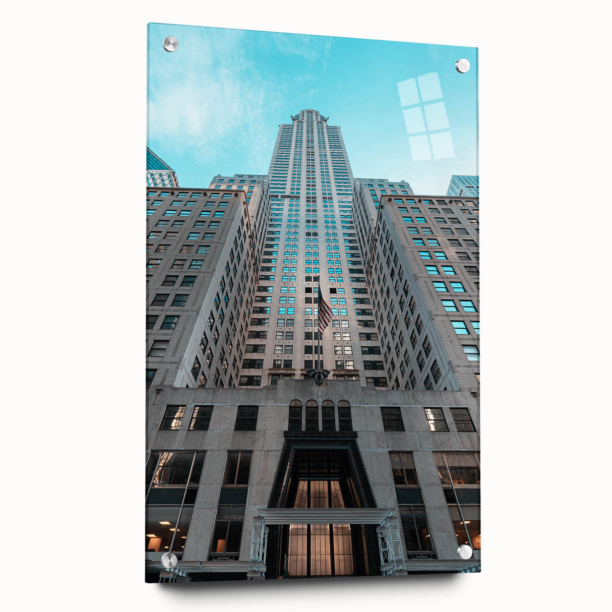 Acrylic print of the Chrysler Building with a side view, featuring cool gray and blue tones, ideal for modern bedroom decor.