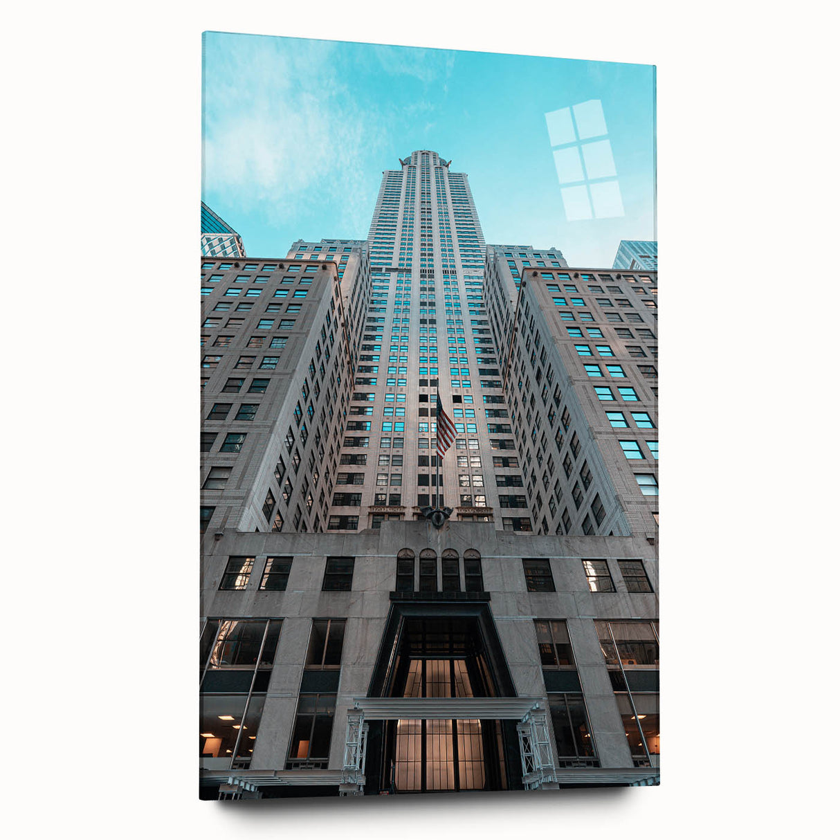 Acrylic print of the Chrysler Building in muted metallic tones, ideal for modern bedroom or dining room decor.