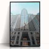 Large abstract wall art of the Chrysler Building in muted black and grey tones on a framed acrylic.