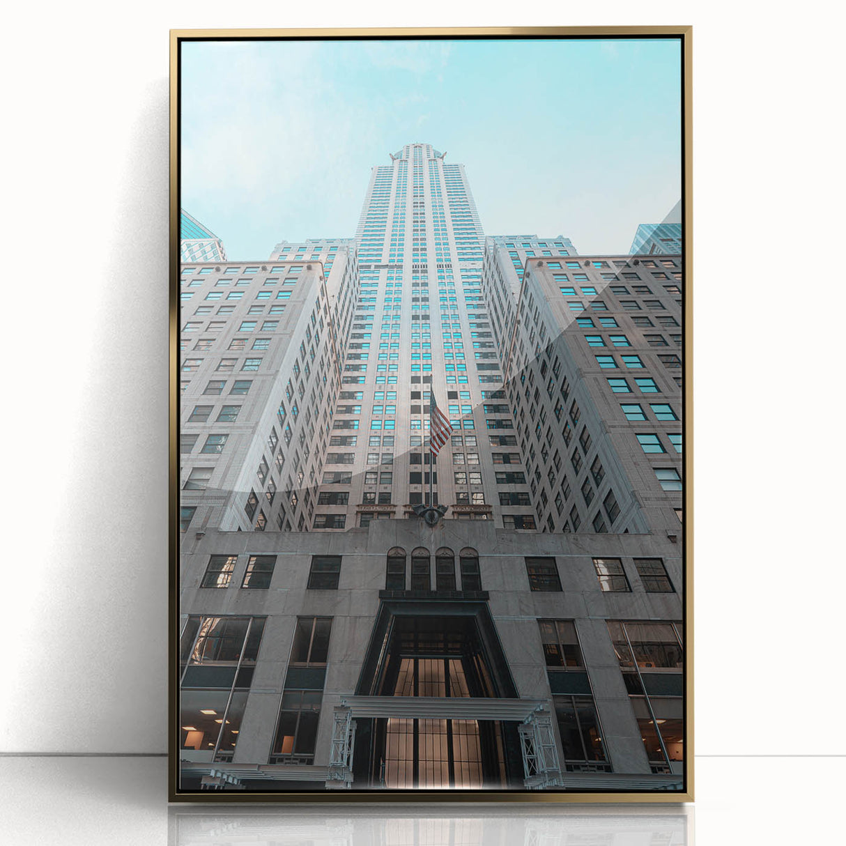 Acrylic print of the Chrysler Building in gold tones, styled in mid-century modernist art, suitable for modern decor.