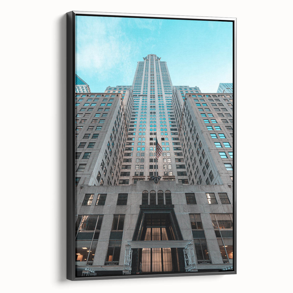 Black and white framed canvas of the Chrysler Building in a vintage poster style, suitable for bedroom wall decor.