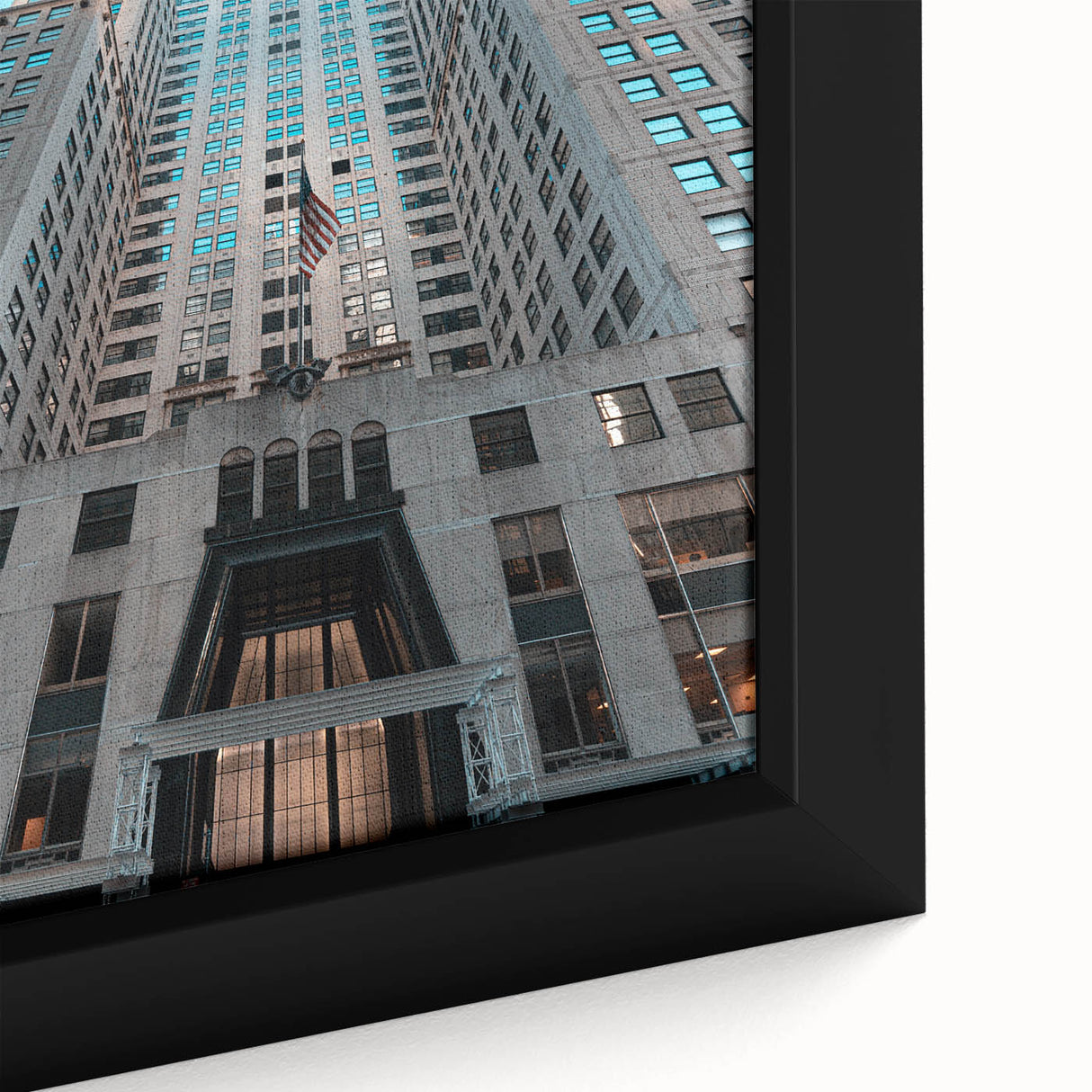 Extra large framed canvas of the Chrysler Building in black with colorful, textured art accents, ideal for living room decor.