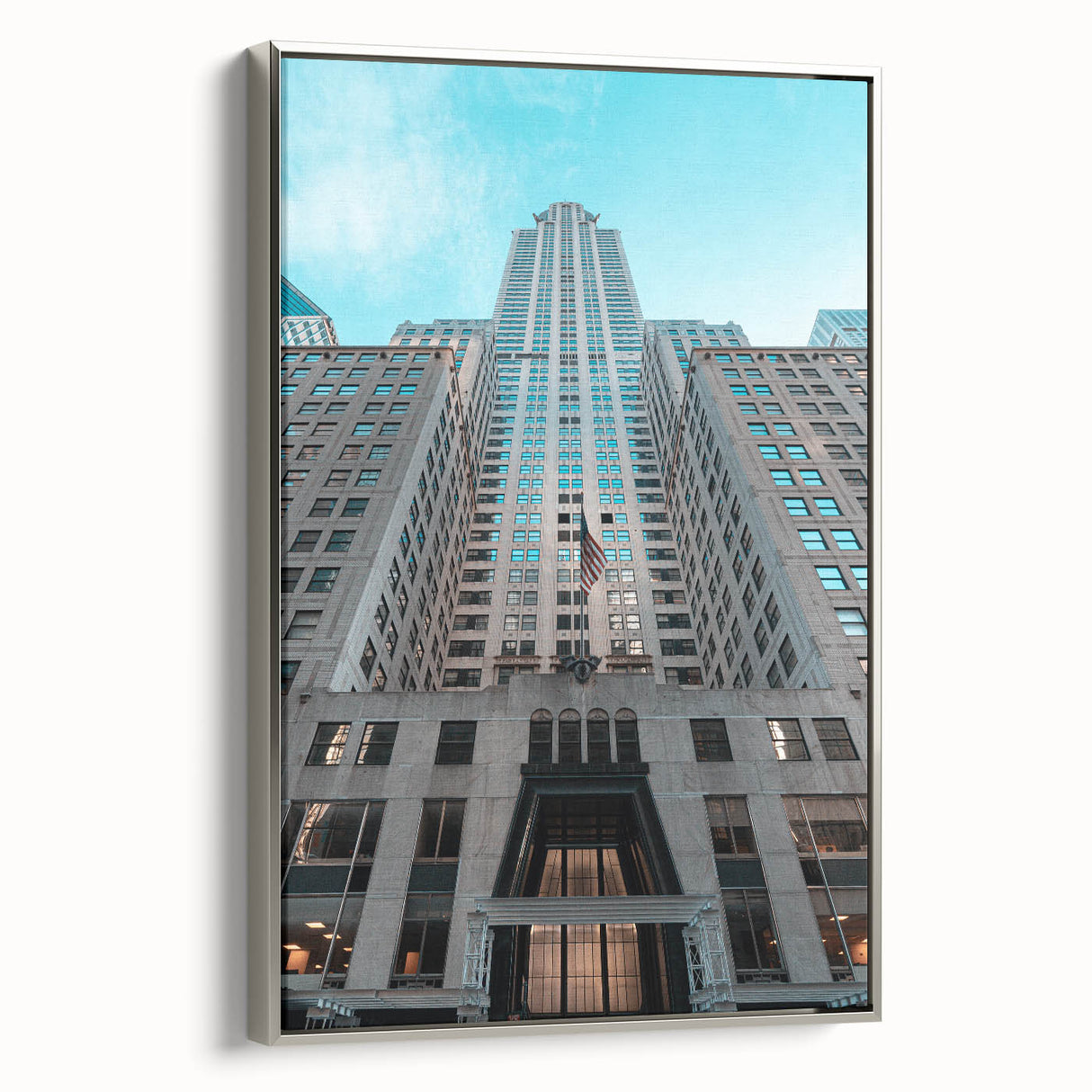 Framed canvas landscape art painting of NYC's Chrysler Building in black with colorful highlights, ideal for office decor.