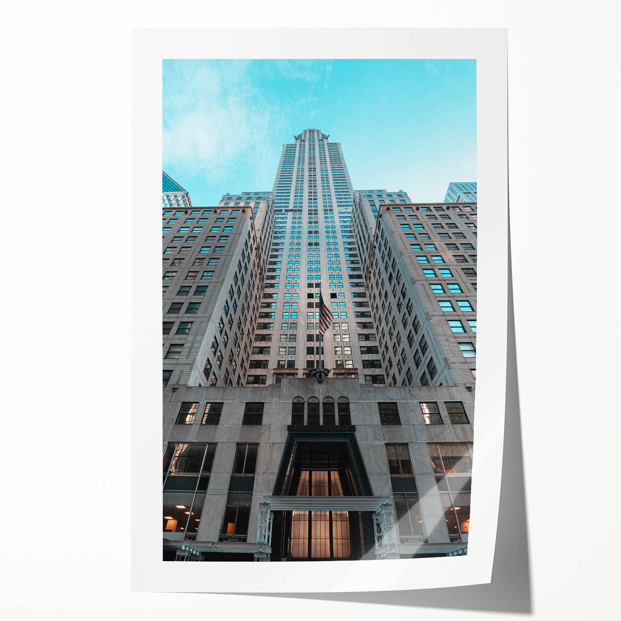 Extra large rolled print of the Chrysler Building in muted gray tones, ideal for dining room wall art.