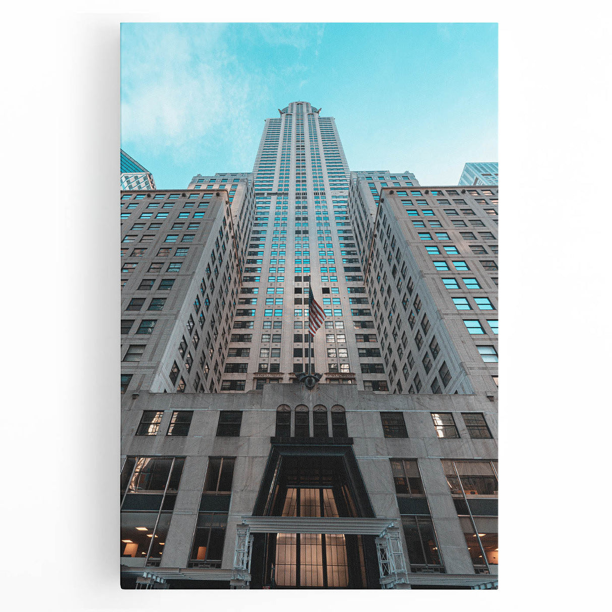 Black and white large art print of the Chrysler Building on stretched canvas, suitable for kitchen wall art.