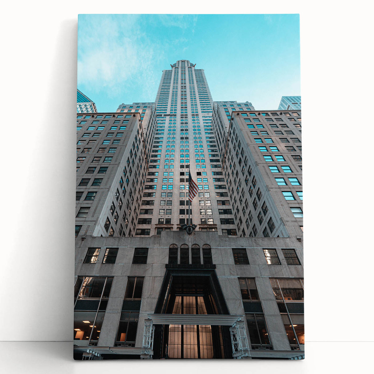 Black and white print of the Chrysler Building on stretched canvas, ideal for kitchen wall art or bedroom decor.