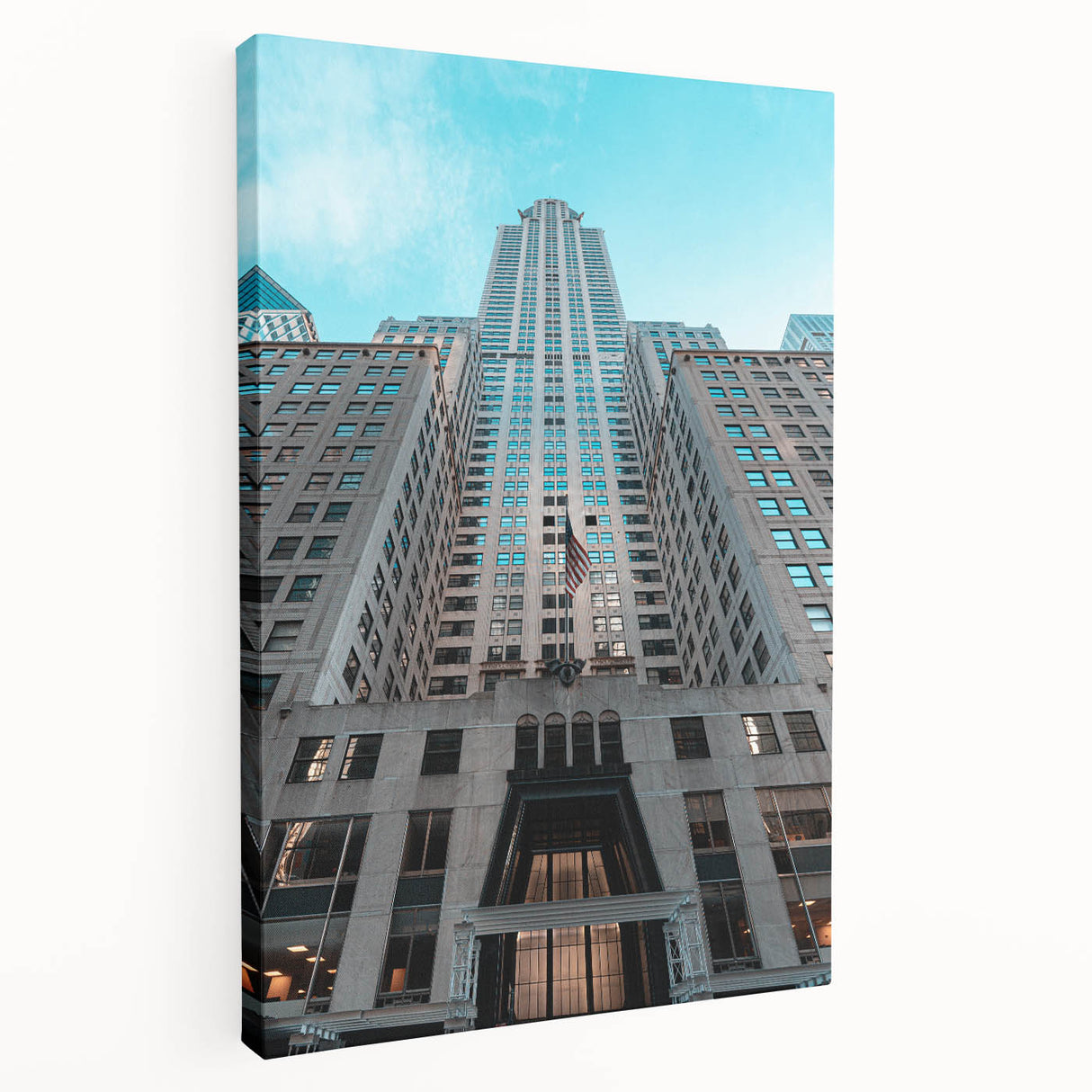 Side view of a large canvas depicting the Chrysler Building in New York City, in grayscale tones.