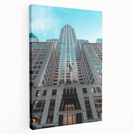 Side view of a large canvas depicting the Chrysler Building in New York City, in grayscale tones.