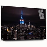 Acrylic print of a large abstract depiction of the NYC skyline in muted gray tones.