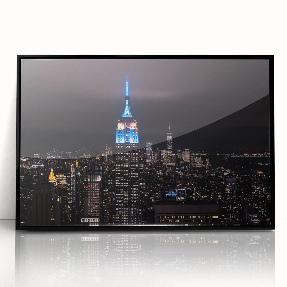 Large abstract wall art of NYC's Empire State Building in black and white, framed acrylic.