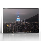 Art deco poster of the NYC skyline in black and white on a framed acrylic, ideal for modern nursery wall art.