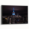 Black and white framed canvas of NYC Empire State landscape, vintage poster style, ideal for bedroom wall art.