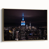 Framed canvas of vintage New York Cityscape with Empire State Building in black and gold tones, ideal for bedroom wall art.