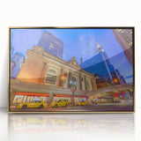 Large acrylic print of New York City's Grand Central Station in mid-century modernist style with gold frame.