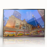 Mid-century modernist art of New York City's Grand Central in muted silver and gray tones, acrylic framed print.
