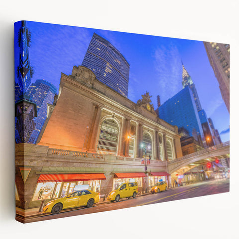 Large art depicting New York City's Grand Central Station in muted gray tones on stretched canvas.